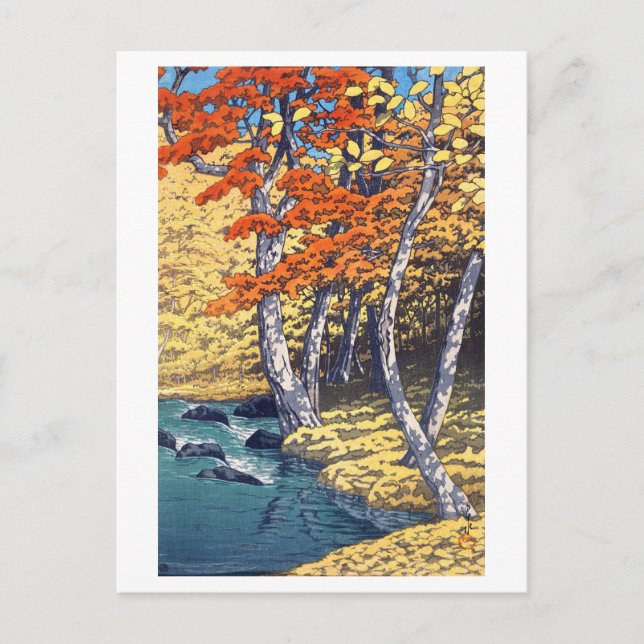 Cartão Postal 奥 入 瀬 秋, outono em Oirase, Hasui Kawase, Woodcut (Frente)