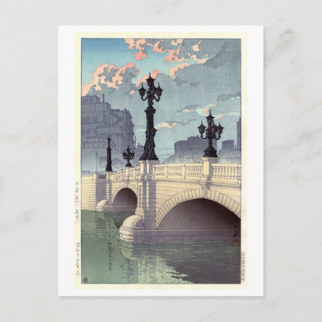 Cartão Postal 日 本 橋, Ponte Nihonbashi, Hasui Kawase, Woodcut (Frente)