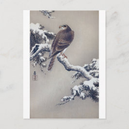 Cartão Postal 松 に 鷹, 古 邨 Hawk em Pine, Ohara Koson, Woodcut, Woo