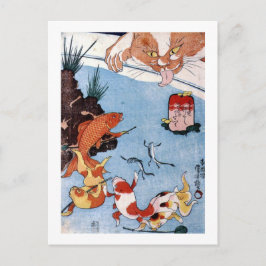 Cartão Postal 猫 と 魚, 国 芳 Cat e Goldfish, Kuniyoshi, Ukiyo-e