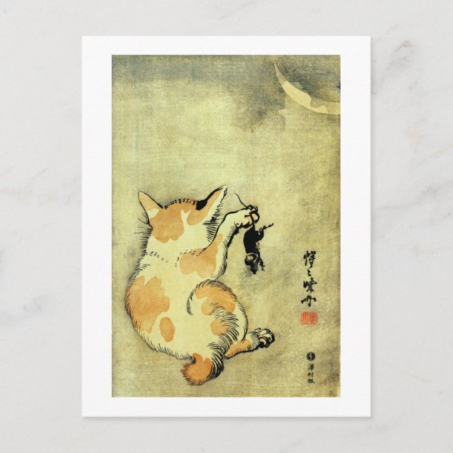 Cartão Postal 猫 と 鼠, 暁 Gato e Rato, Kyōsai, Ukiyo-e (Frente)