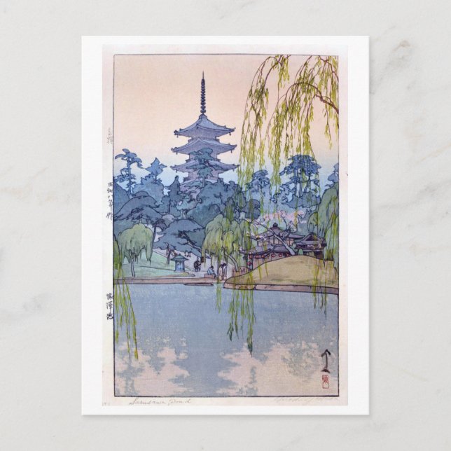 Cartão Postal 猿澤池, Sarusawa Pond, Hiroshi Yoshida, Xilogravura (Frente)