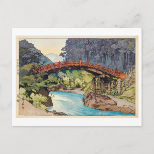 Cartão Postal 神 橋, ponte sagrada, Hiroshi Yoshida, Woodcut