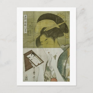 Cartão Postal 鏡 を 女, 歌 麿 Mulher que vê espelho, Utamaro, Ukiyoe