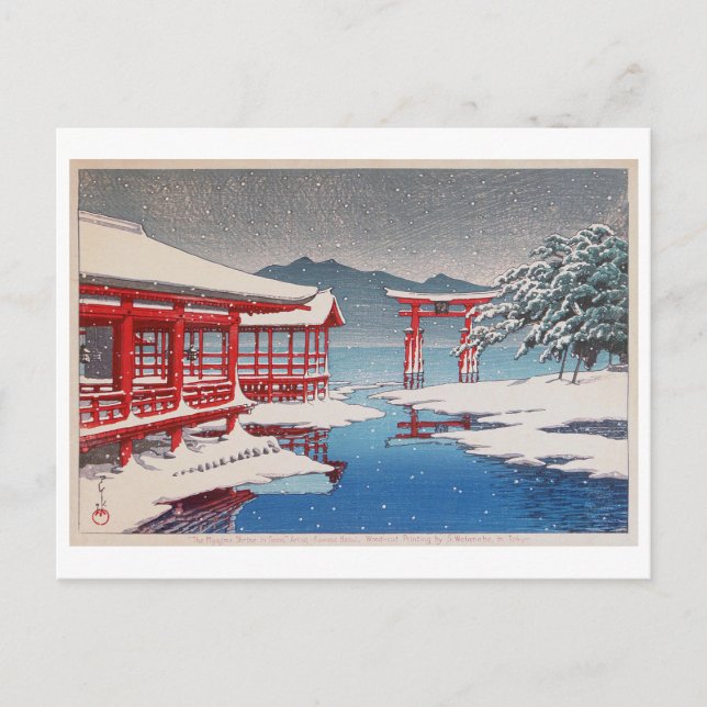 Cartão Postal 雪 の 島, santuário de Miyajima em Neve, Hasui Kawase (Frente)