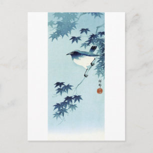 Cartão Postal 青い鳥, pássaro do 古邨 no azul, Koson, Ukiyo-e