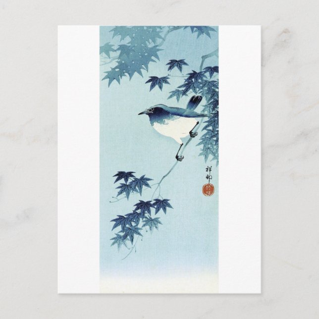 Cartão Postal 青い鳥, pássaro do 古邨 no azul, Koson, Ukiyo-e (Frente)