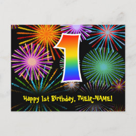 Cartão Postal 1º Aniversário – Padrão Divertido de Fogos de Arti