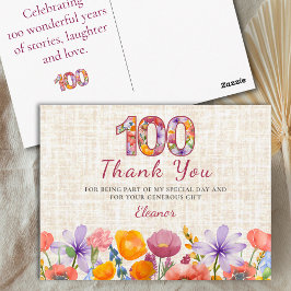 Cartão Postal 100th Birthday - Elegant Floral Number 100 Thanks