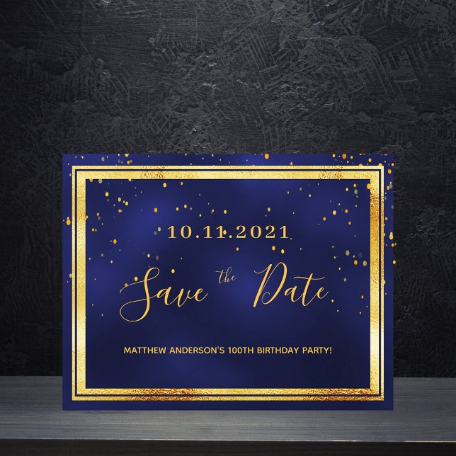Cartão Postal 100th birthday navy blue gold save the date (Criador carregado)