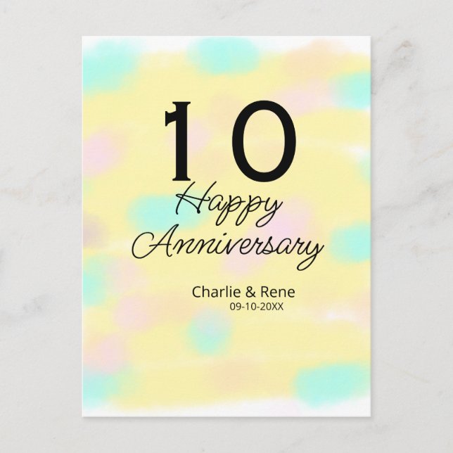 Cartão Postal 10 wedding anniversary yellow pastel name retro bo (Frente)