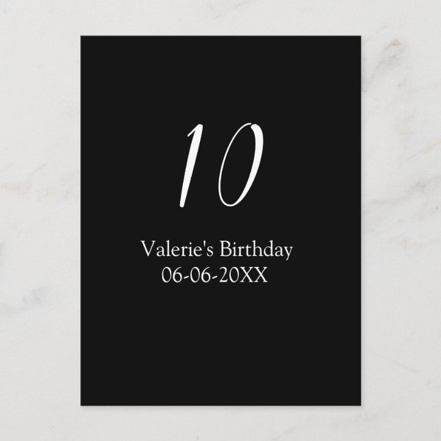 Cartão Postal 10th birthday white black name date calligraphy  (Frente)