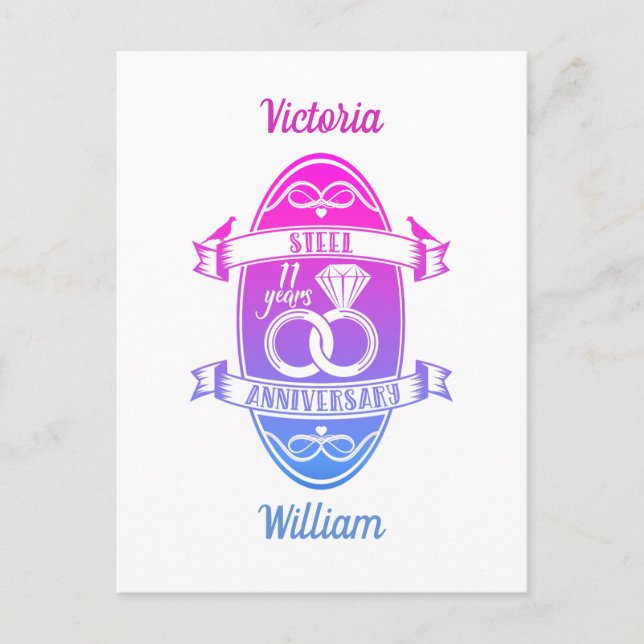 Cartão Postal 11 anos de casamento tradicional da 11 de Aço (Frente)