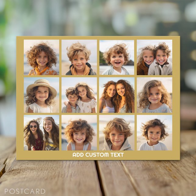 Cartão Postal 12 Colagem de Fotos com Dourado Fundo (Custom Personalized Photo Collage Postcard)