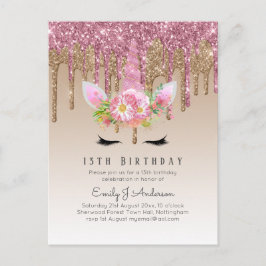 Cartão Postal 13 Coletor Rosa Dourado do Unicorn Rosa do Glitter