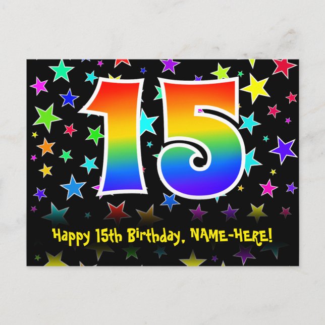 Cartão Postal 15º Aniversário: Estrelas Divertidas, Arco-íris 15 (Frente)