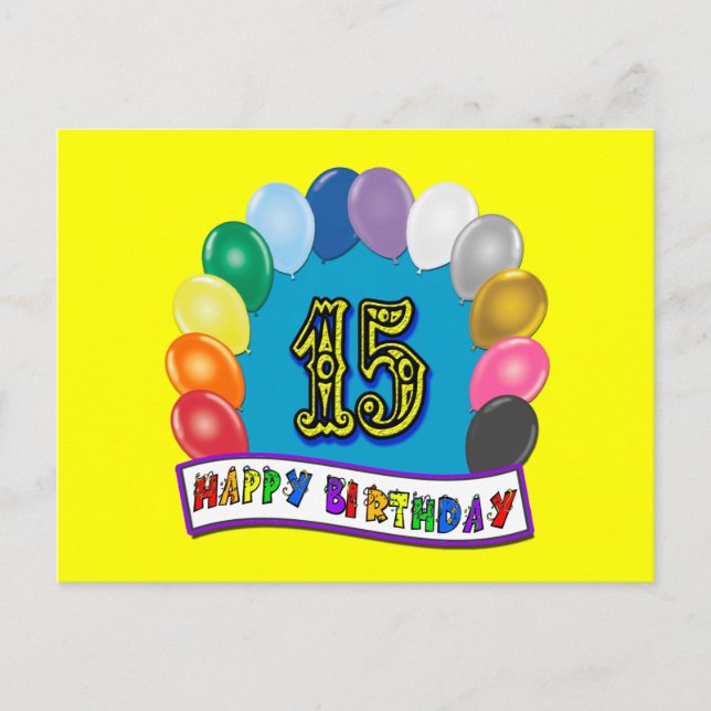 Cartão Postal 15 Birthday dá presentes com Design de balões asso (Frente)