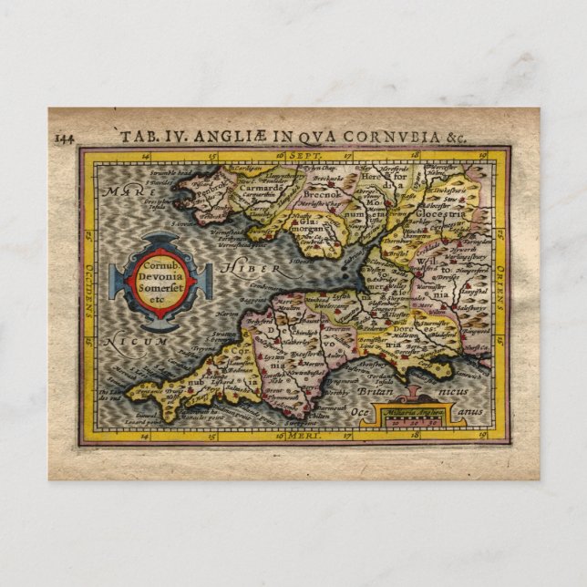 Cartão Postal 1610 Mapa da Cornualha, Devon, Somerset, etc... (Frente)