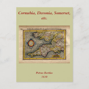 Cartão Postal 1610 Mapa da Cornualha, Devon, Somerset, etc...
