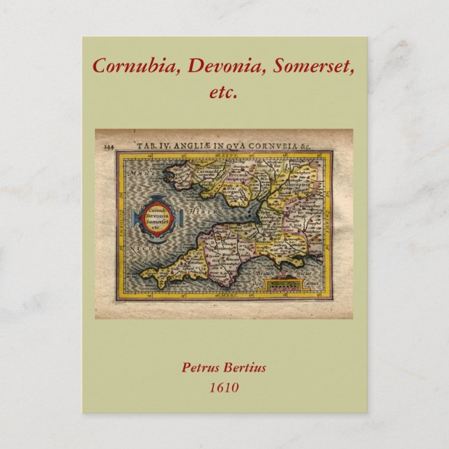 Cartão Postal 1610 Mapa da Cornualha, Devon, Somerset, etc... (Frente)