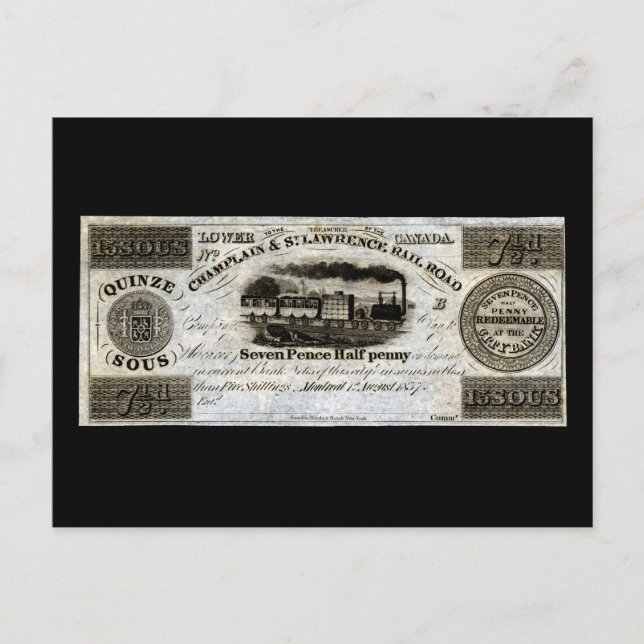 Cartão Postal 1837 Canadian Railroad Currency (Frente)