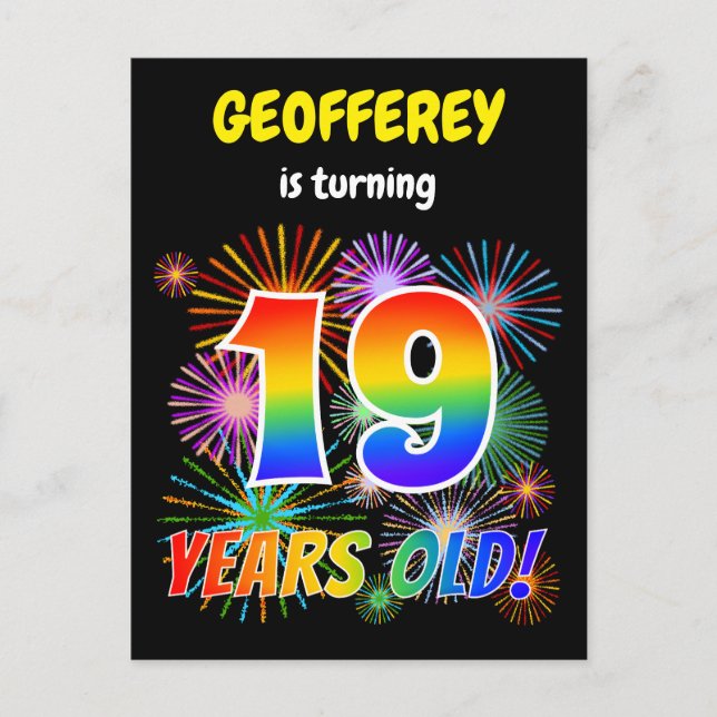 Cartão Postal 19º aniversário - Fogos de artifício divertidos, R (Frente)