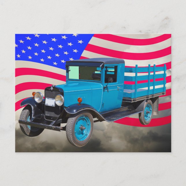 Cartão Postal 1929 Chevy 1 Ton Truck e Bandeira Americana (Frente)
