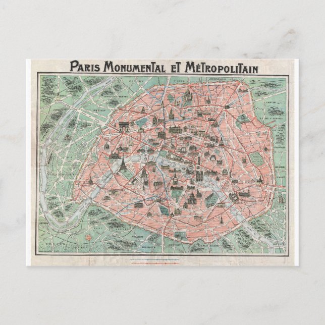 Cartão Postal 1932 Art Deco Map de Paris, França (Frente)