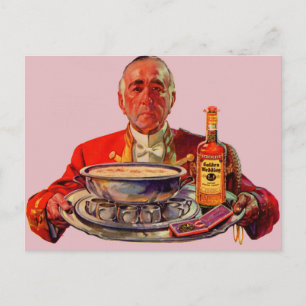 Cartão Postal 1937 mordomo com bandeja e uísque Golden Wedding