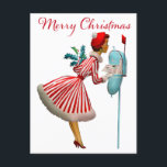 Cartão Postal 1950 Vintage Lady Checking Christmas Mail<br><div class="desc">O Natal como parecia na década de 1950 com esta trabalho de arte retrô de uma senhora vestida com um vestido de cheio esfolado em vermelho e verde holly.</div>