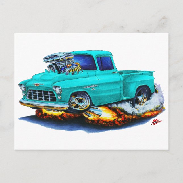Cartão Postal 1955 Chevy Stepside Pickup Turquoise Truck (Frente)