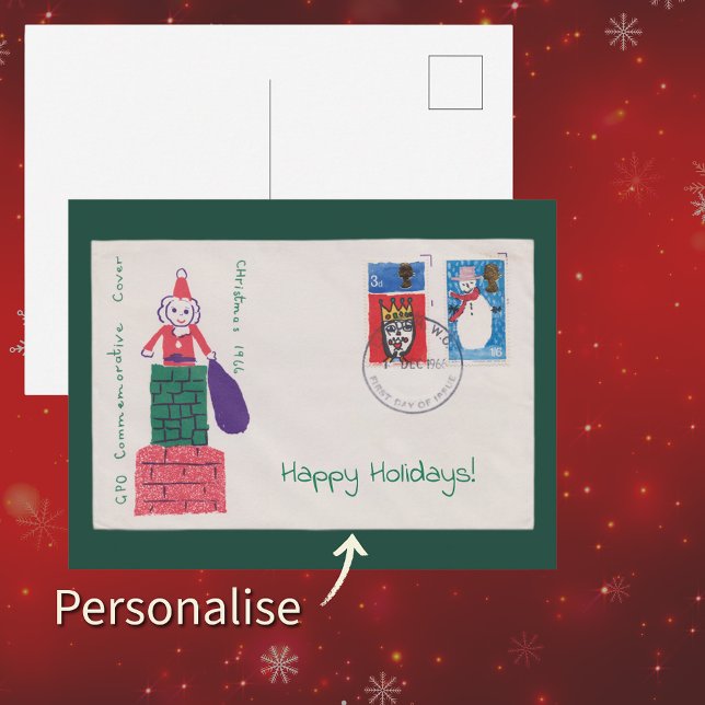 Cartão Postal 1966 Christmas First Day Cover | Antique Holiday (Vintage 1966 Christmas Royal Mail Postage Stamps Children Holiday Ilustrations Snail Mail Xmas Card)