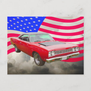 Cartão Postal 1968 Plymouth Roadrunner E Bandeira Americana