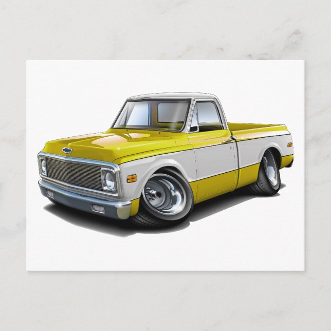 Cartão Postal 1970-72 Caminhão amarelo-branco Chevy C10 (Frente)
