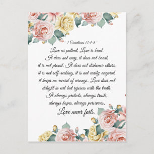 Cartão Postal 1 Corinthians 13:4-8 O amor é paciente, o amor é g