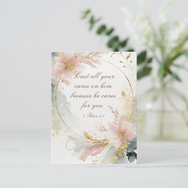 Cartão Postal 1 Peter 5:7 Confira todas as suas preocupações com (Em pé/Frente)