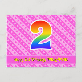 Cartão Postal 2º Aniversário: Listras e Corações Rosa, Arco-íris