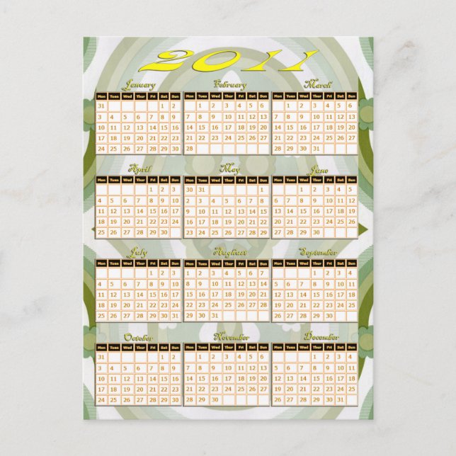 Cartão Postal 2011 Calendário geral do Ano (Frente)