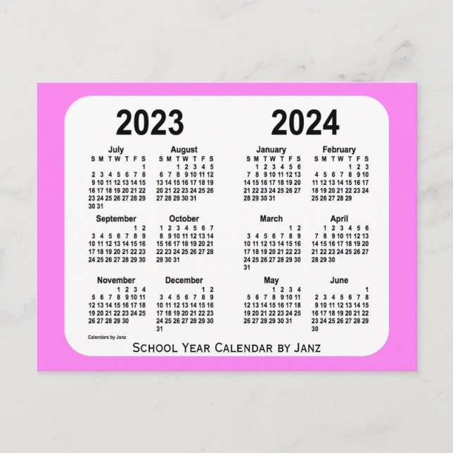 Cartão Postal 2023-2024 Mini Calendário Escolar Rosa por Janz (Frente)