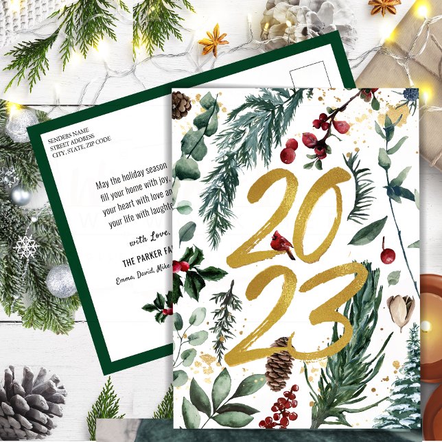 Cartão Postal 2023 Ano Novo Confetti Festivo Pine Bough (Criador carregado)