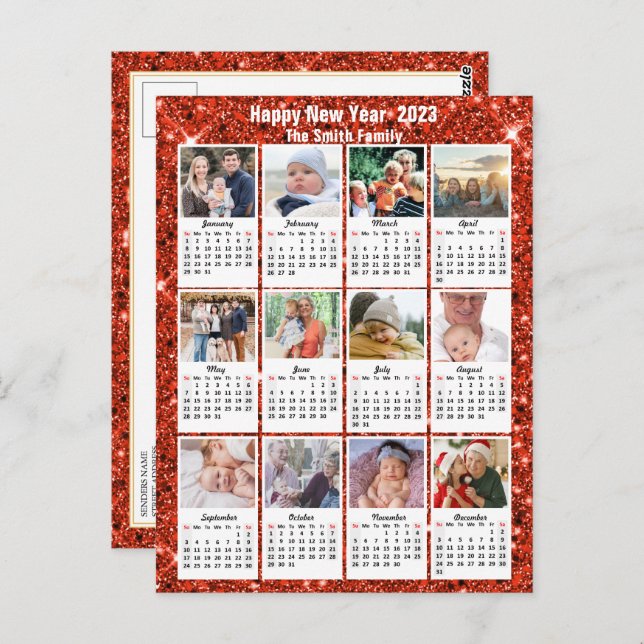 Cartão Postal 2023 Calendar Modern Family 12 Photo Red Glitter (Frente/Verso)