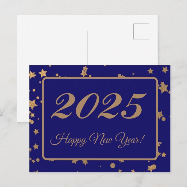 Cartão Postal 2025,Feliz ano novo!estrelas douradas e fundo do m (Frente/Verso)