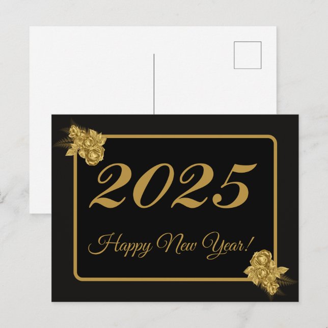 Cartão Postal 2025,Feliz ano novo!flor dourada e fundo preto (Frente/Verso)