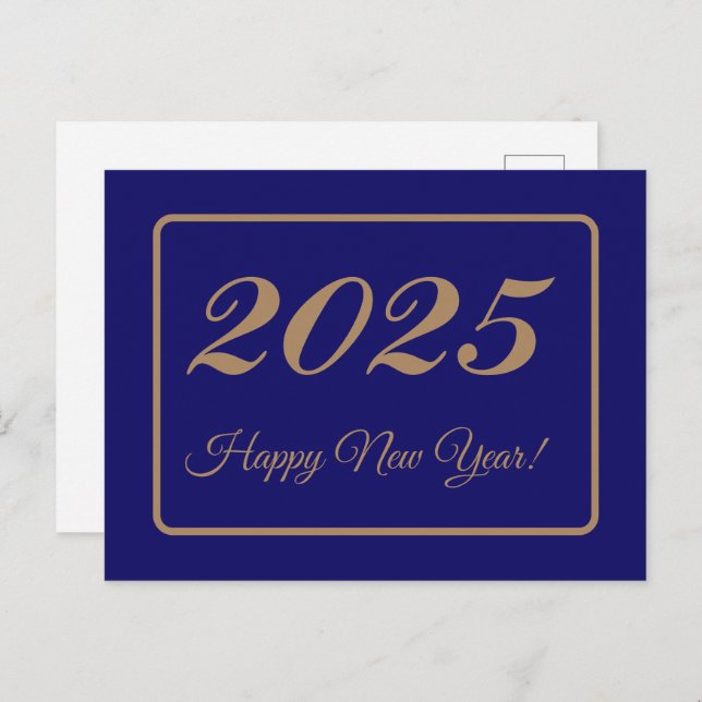 Cartão Postal 2025,Feliz ano novo!fundo ouro e marinho (Frente/Verso)