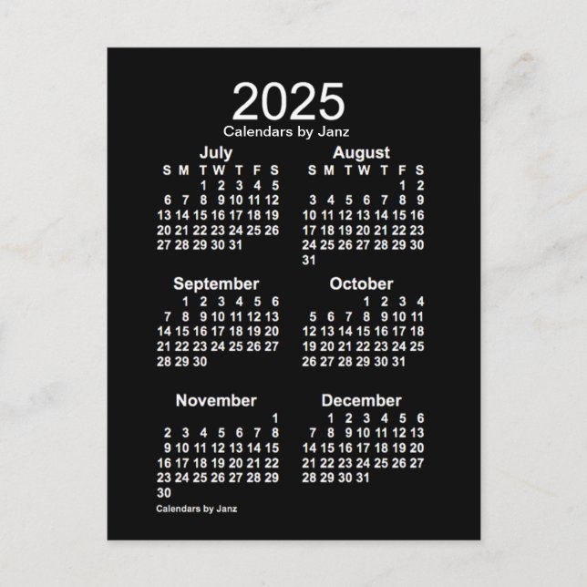 Cartão Postal 2025 Neon White 6 meses Mini Calendário de Janz (Frente)