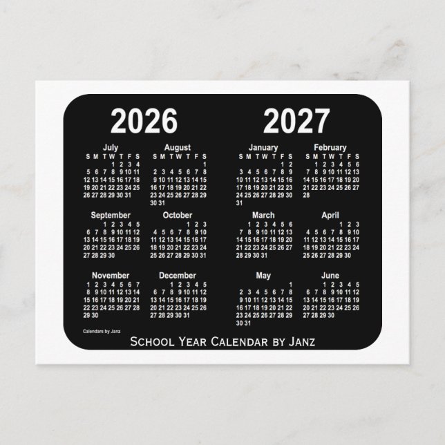 Cartão Postal 2026-2027 Calendário da Escola Neon Branca de Janz (Frente)