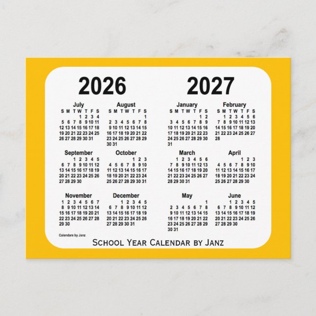 Cartão Postal 2026-2027 Calendário Dourado do Mini Ano Escolar d (Frente)
