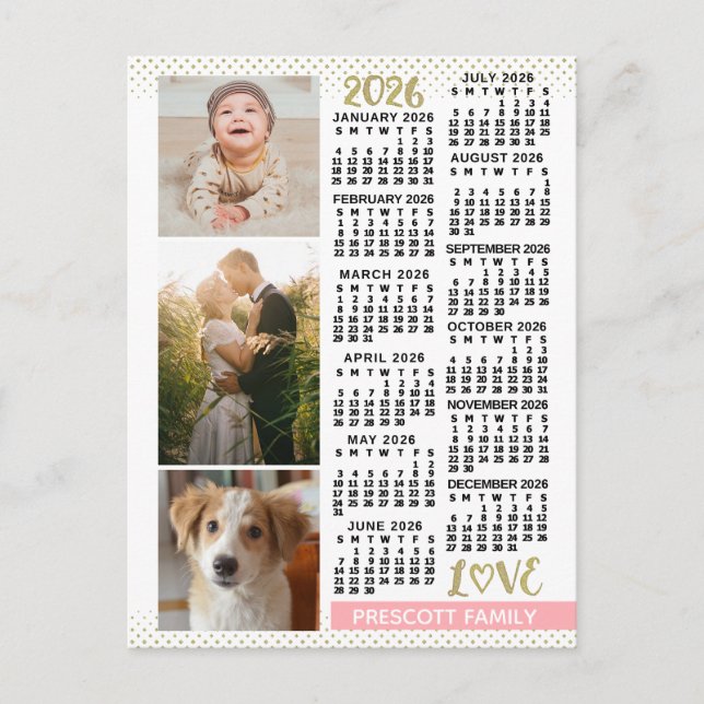 Cartão Postal 2026 Calendar Blush Pink Gold Family Photo Collage (Frente)