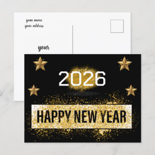 Cartão Postal 2026, Feliz ano novo! Douradas estrelas brilhantes