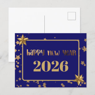 Cartão Postal 2026,Feliz ano novo!estrelas douradas e fundo do m